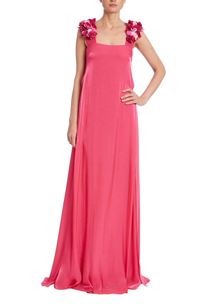 Badgley Mischka square neck flower strap zipper closure solid shiny chiffon gown