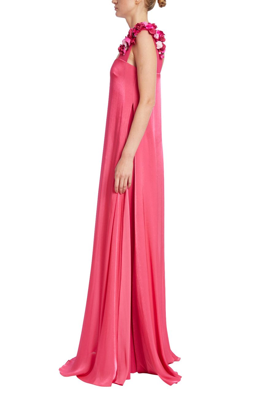 Badgley Mischka square neck flower strap zipper closure solid shiny chiffon gown