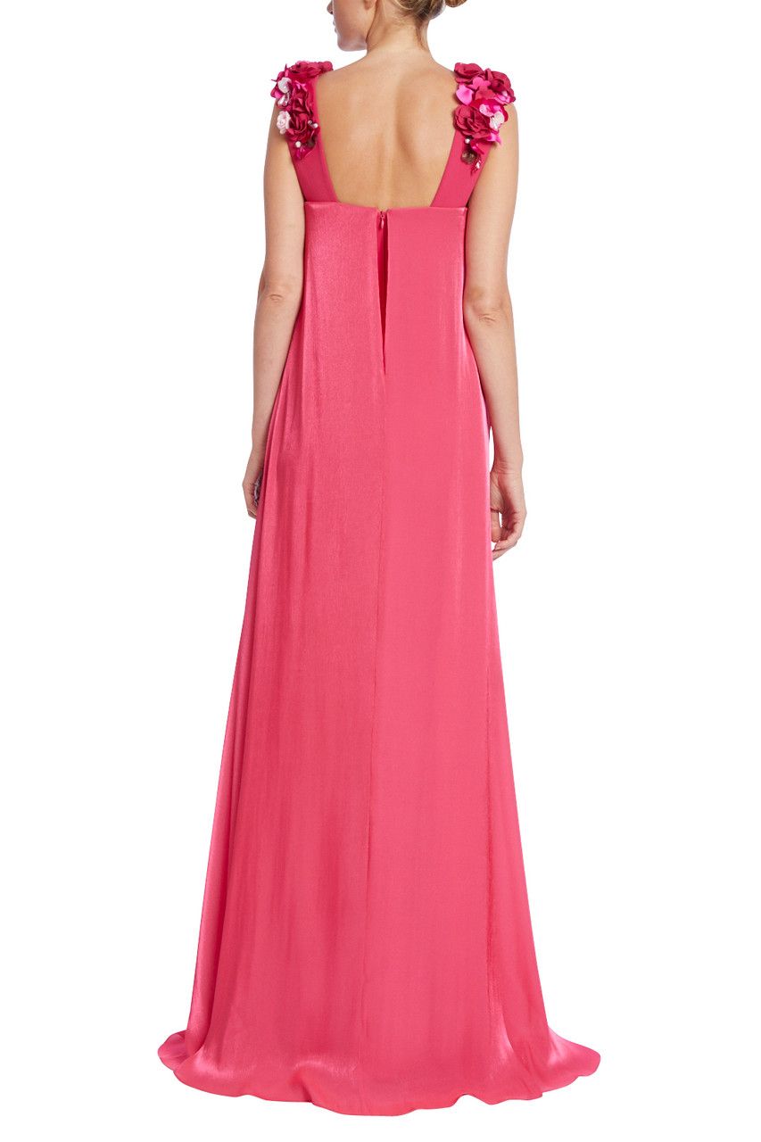 Badgley Mischka square neck flower strap zipper closure solid shiny chiffon gown