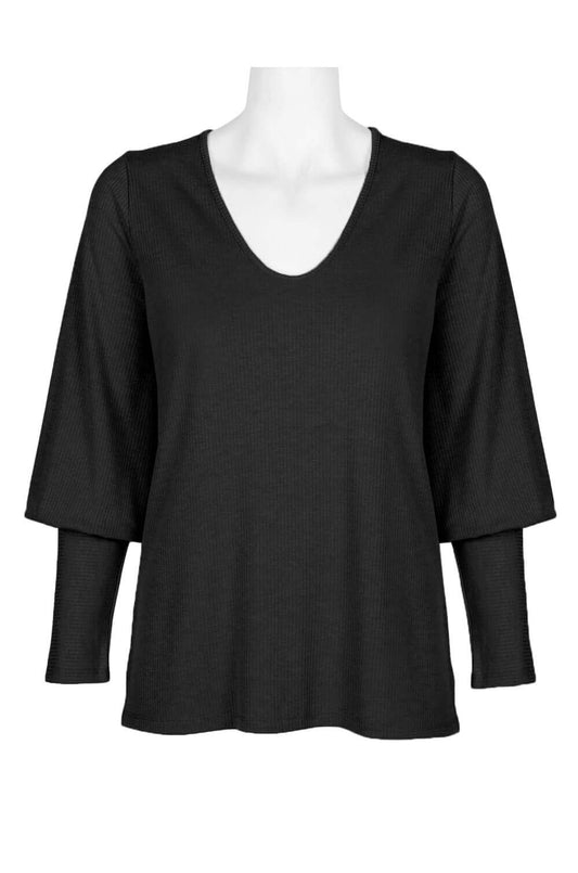 Ellen Tracy V-Neck Blouson Long Sleeve Solid Knit Jersey Top - BLACK - Front