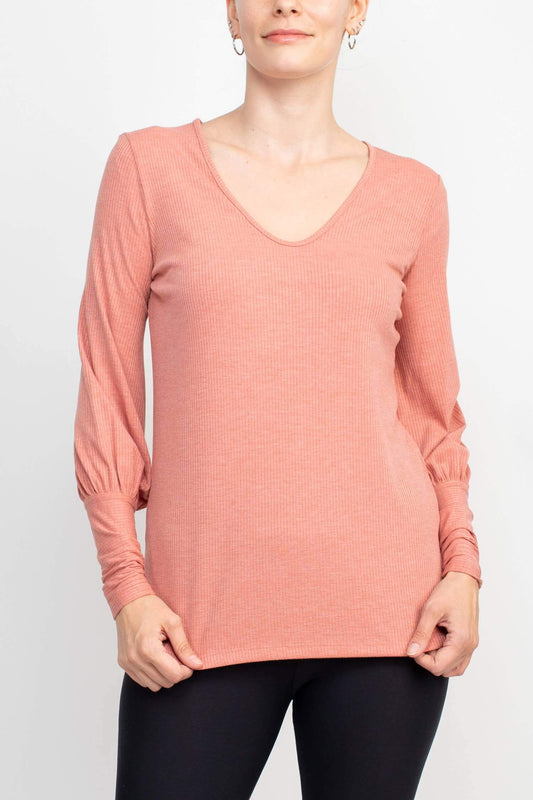 Ellen Tracy V-Neck Blouson Long Sleeve Solid Knit Jersey Top - TERRA COTTA - Front