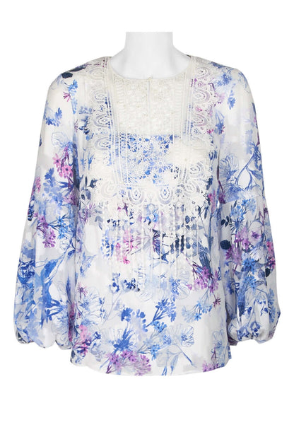 T Tahari Crew Neck Bishop Sleeve Pleated Lace Multi Print Paisley Blouse - WHITE MULTI - front 