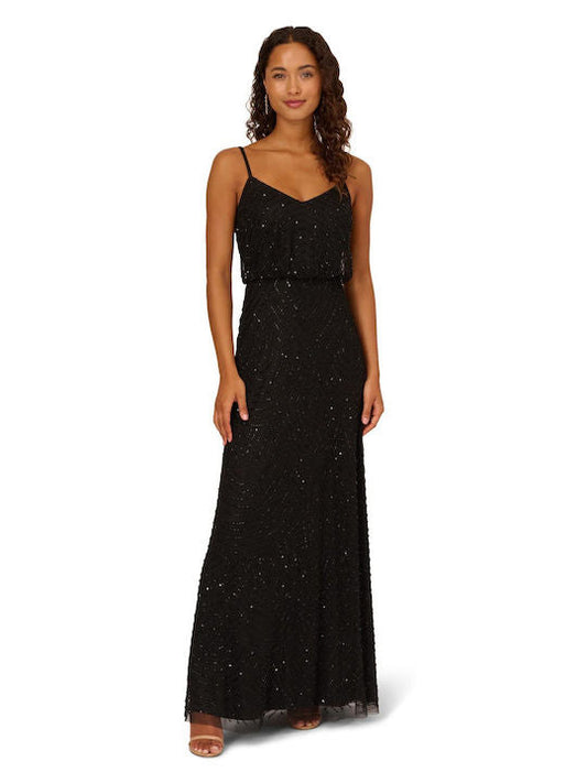 V-Neck Floor-Length Sequin Prom Sheath/Column Adrianna Papell 091866700