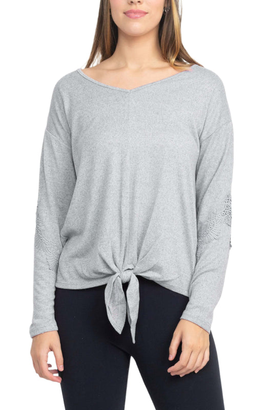 Tint + Shadow Boat Neck Long Sleeve Tie Front Hem Solid Knit Top - HEATHER GREY - Front