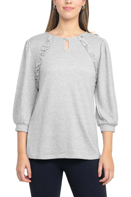 Tint + Shadow 3/4 Sleeve Crew Neck with Rhinestone Button Keyhole & Front Ruffle detail Knit Top - HEATHER GREY - Front