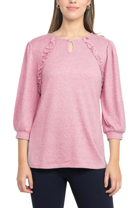 Tint + Shadow 3/4 Sleeve Crew Neck with Rhinestone Button Keyhole & Front Ruffle detail Knit Top - PINK - Front