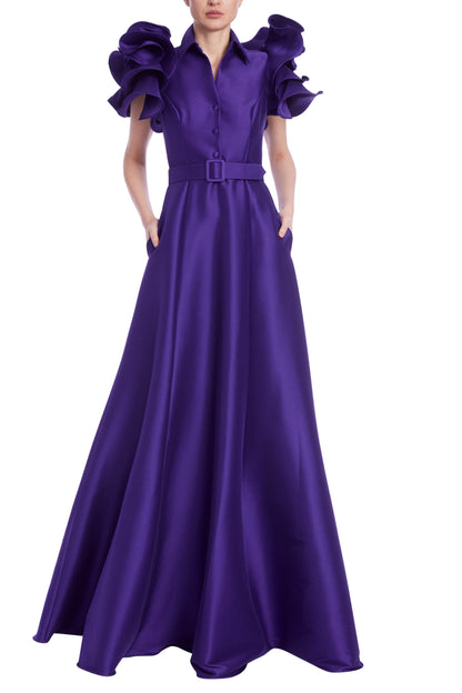 Badgley Mischka Mikado Ruffle-Sleeve Gown with Belted Full Skirt - Wholesale_PURPLE_front