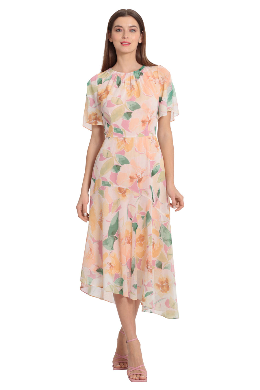 Flutter Sleeve Asymmetrical Midi Dress Maggy London G5683M