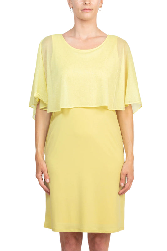 Glamour Scoop Neck Chiffon Cape Short Sleeve ITY Dress - BUTTER - front 