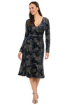London Times Marlise Shimmering Velvet Faux Wrap Dress - T10109M - Navy/Silver