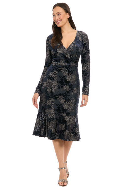 London Times Marlise Shimmering Velvet Faux Wrap Dress - T10109M - Navy/Silver