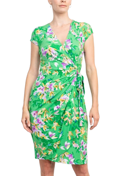 Maggy London V-Neck Cap Sleeve Tie Waist Gathered Side Floral Print Jersey Dress - GREEN MULTI - Front View