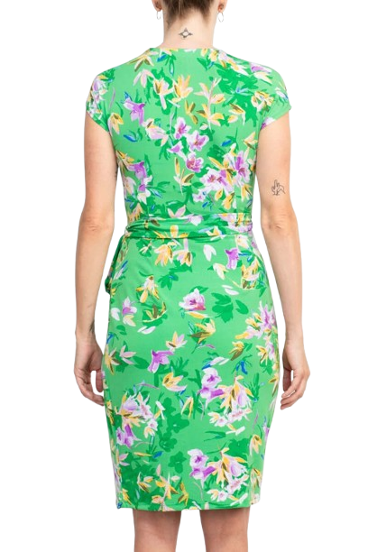 Maggy London V-Neck Cap Sleeve Tie Waist Gathered Side Floral Print Jersey Dress - GREEN MULTI - Back