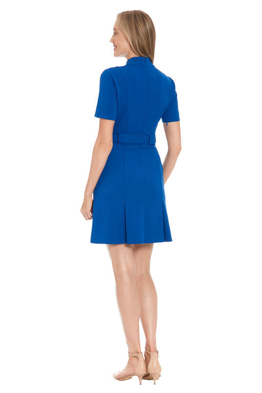 London Times Short Sleeve A-Line Belted Mock Turtleneck Dress - T7677M - Blue