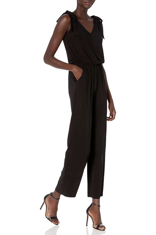 Laundry V-Neck Tie Shoulder Blouson Elastic Waist Solid Jumpsuit - BLACK - front 