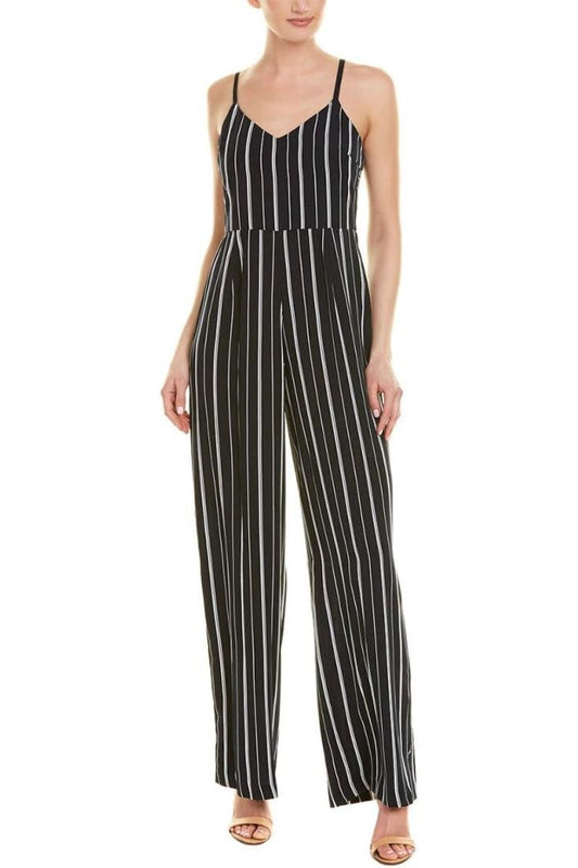 Laundry Spaghetti Strap Concealed Zipper Back Stripe Print Crepe Jumpsuit - NAVY IVORY - Front