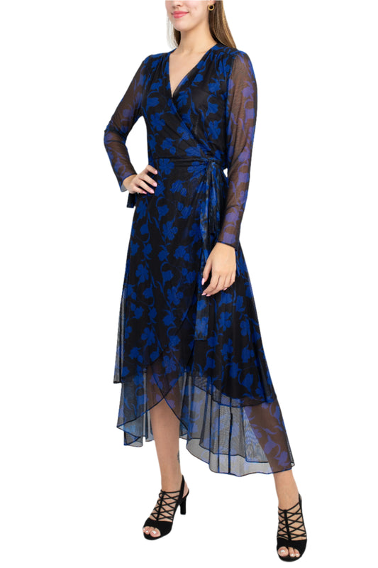 Laundry Surplice V- Neck Back Zipper Midi Draped Mesh Dress - BLACK AZURE - SIDE