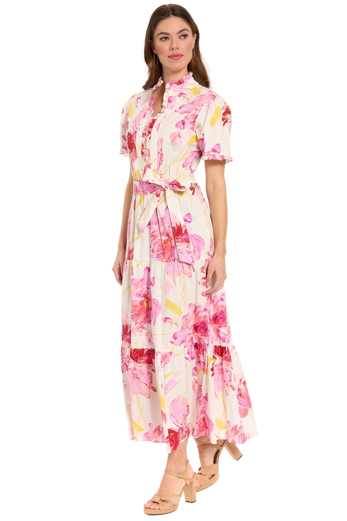 London Times Floral Ruffle Neck Tiered Maxi Dress T10215M