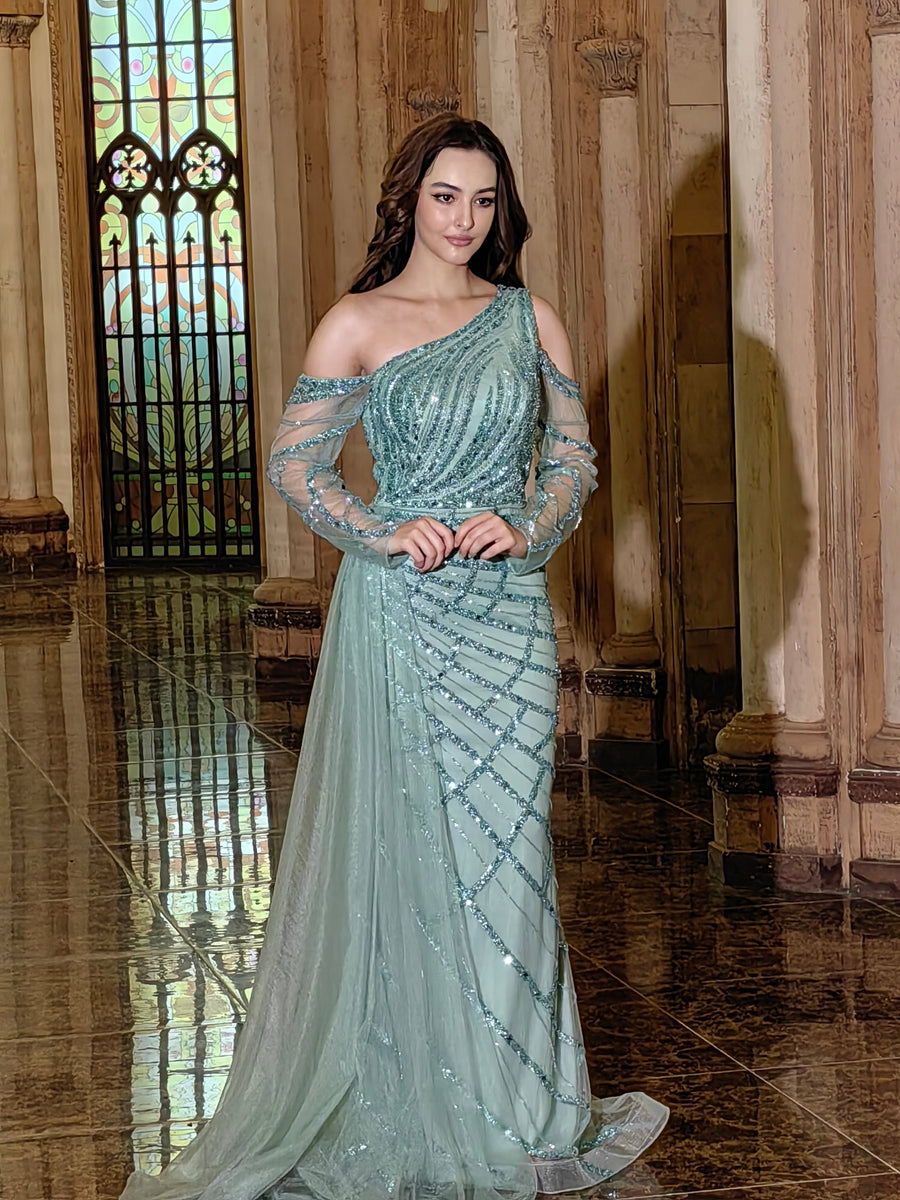 Floor Length Couture Long Sleeve Hand Beaded Formal Dress
