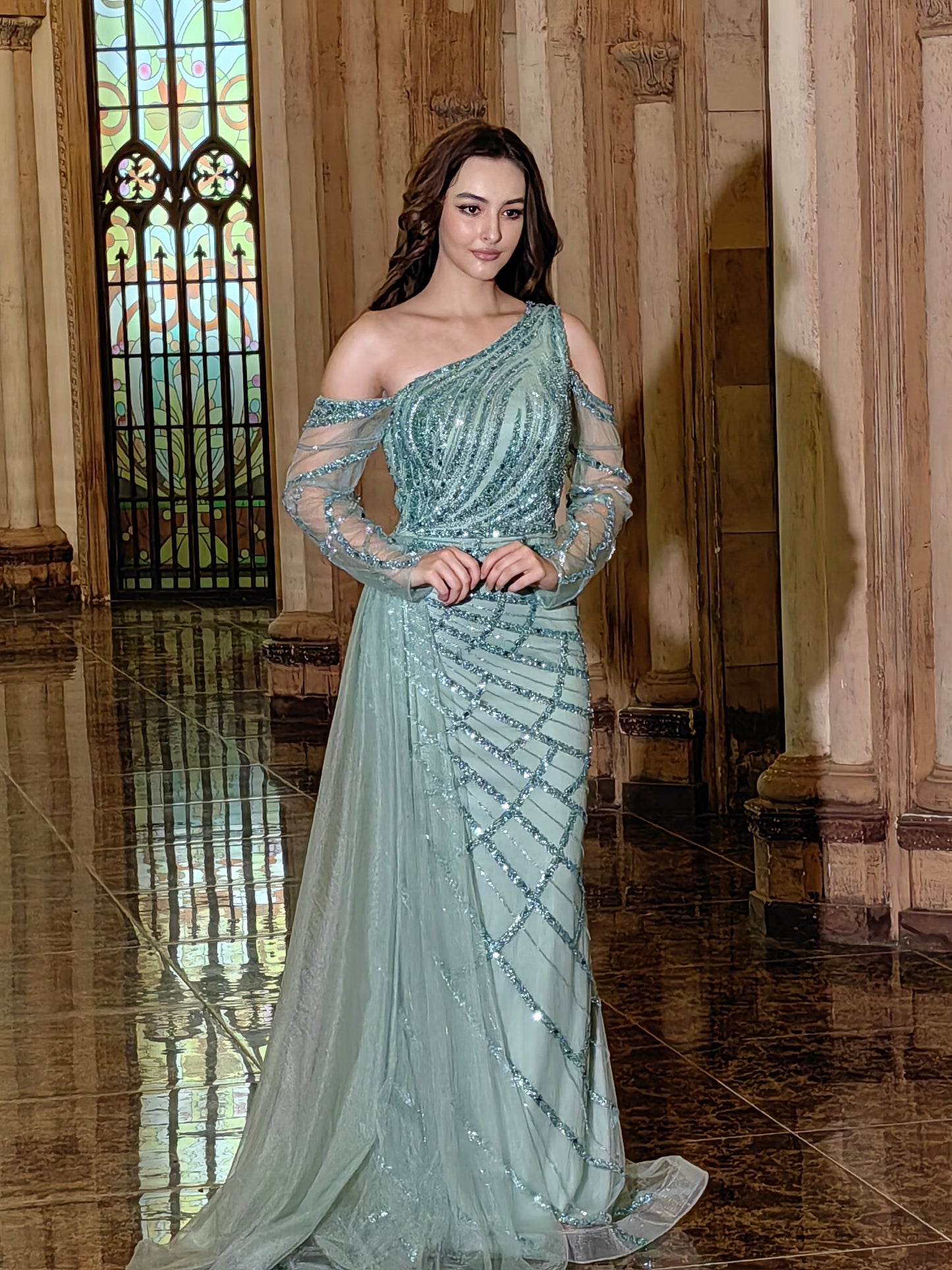 Floor Length Couture Long Sleeve Hand Beaded Formal Dress