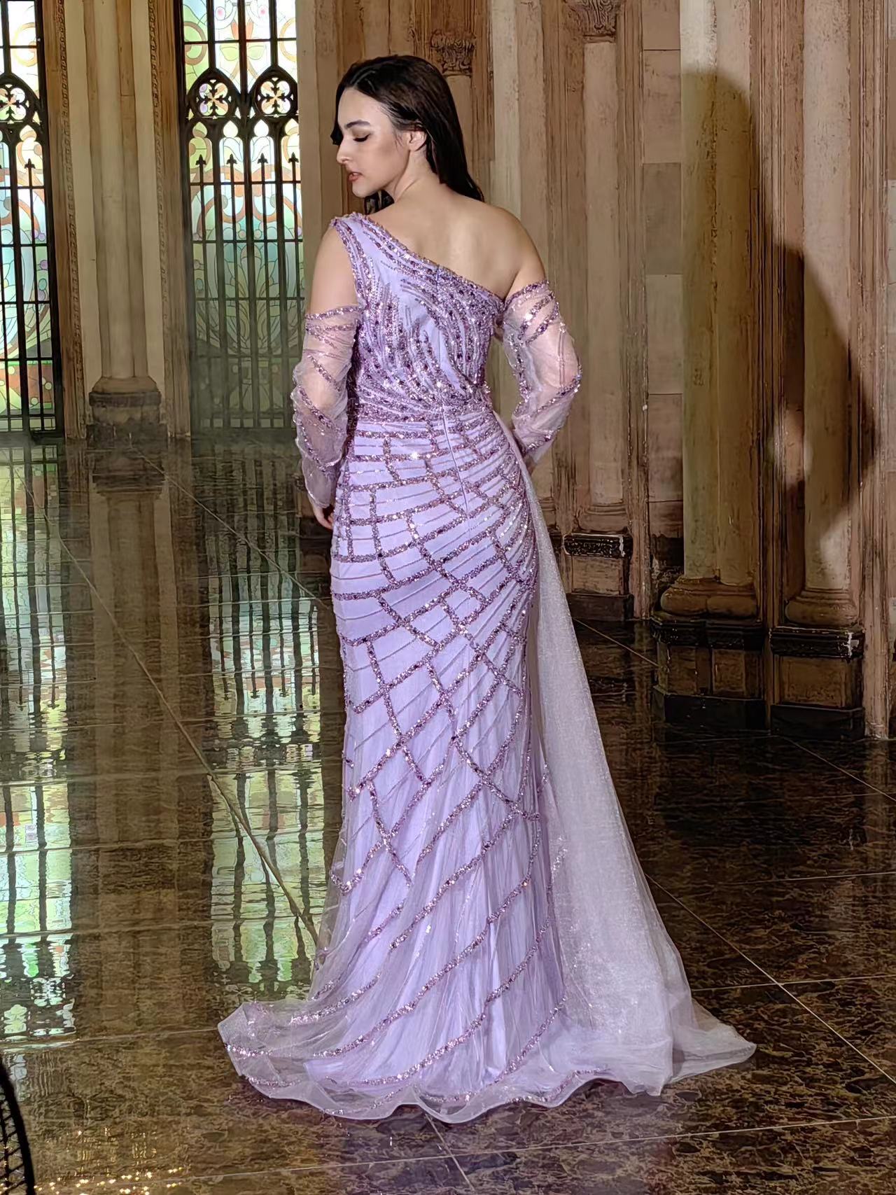Floor Length Couture Long Sleeve Hand Beaded Formal Dress