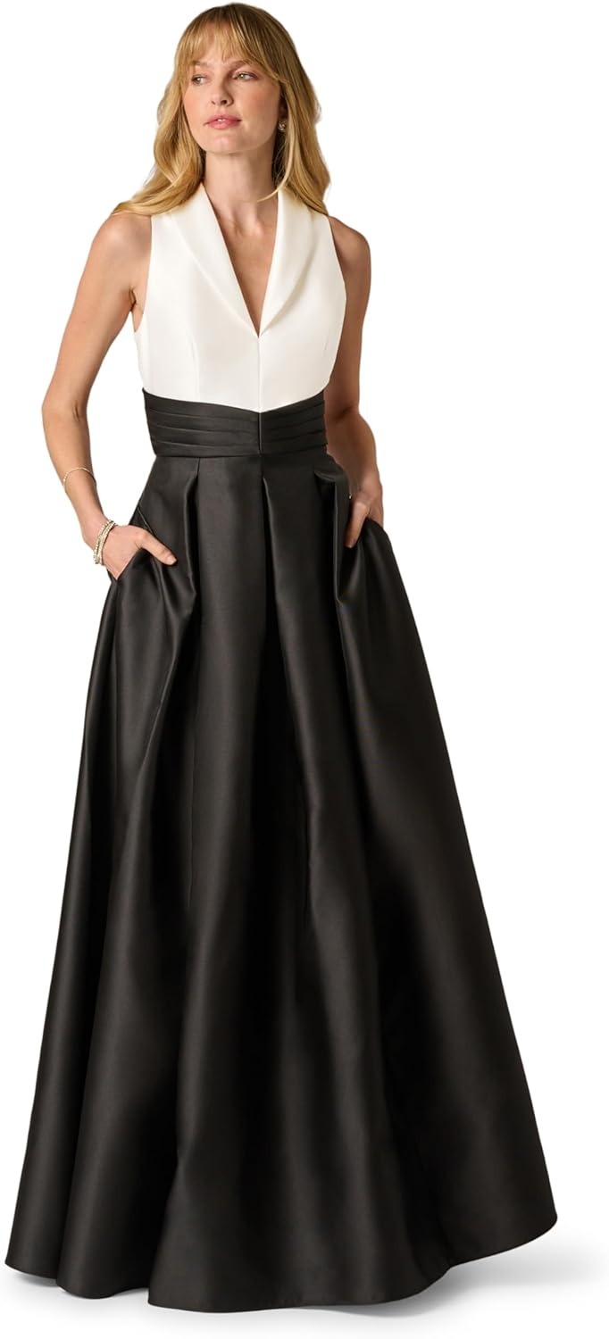 Crew/High-Neck Floor-Length Satin Occasion Ball Gown Adrianna Papell AP1E212826