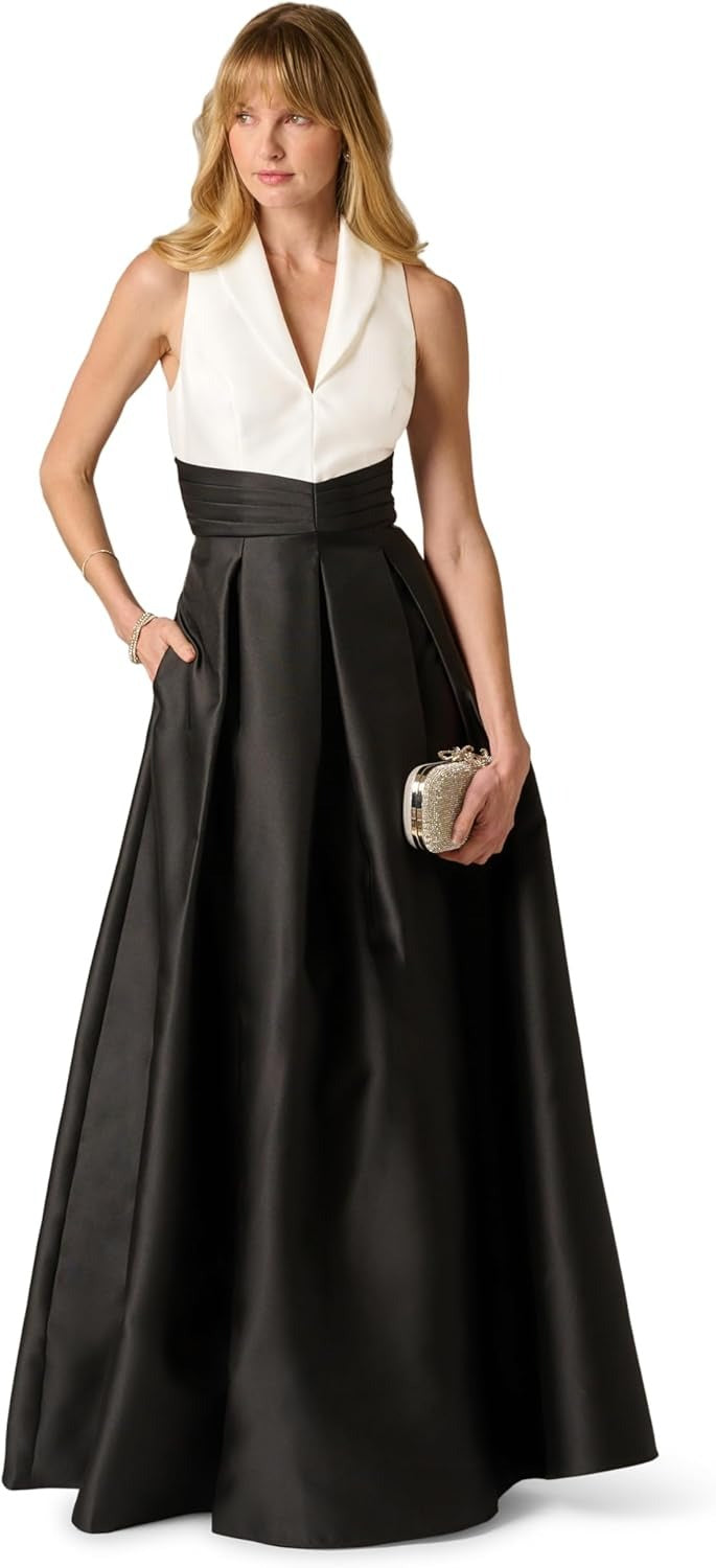 Crew/High-Neck Floor-Length Satin Occasion Ball Gown Adrianna Papell AP1E212826
