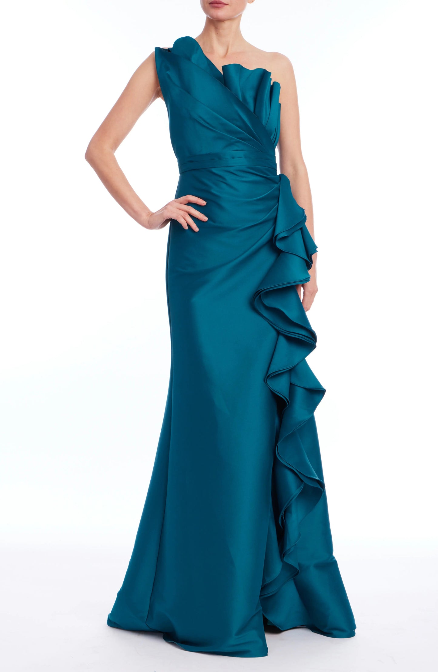 Peacock One-Shoulder Floor-Length Satin Formal Gown with Cascading Ruffles Badgley Mishka EG4554