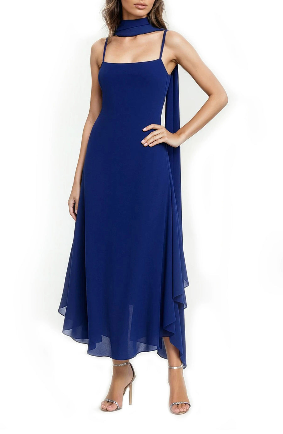 Navy Square-Neck Midi Chiffon Cocktail High-Low Dress Jewel Badgley Mischka J0543