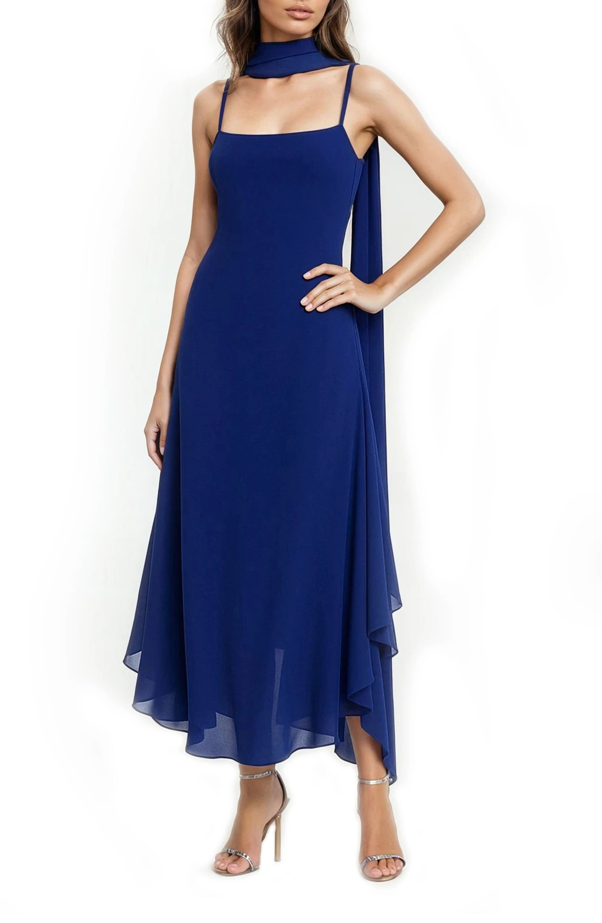 Navy Square-Neck Midi Chiffon Cocktail High-Low Dress Jewel Badgley Mischka J0543