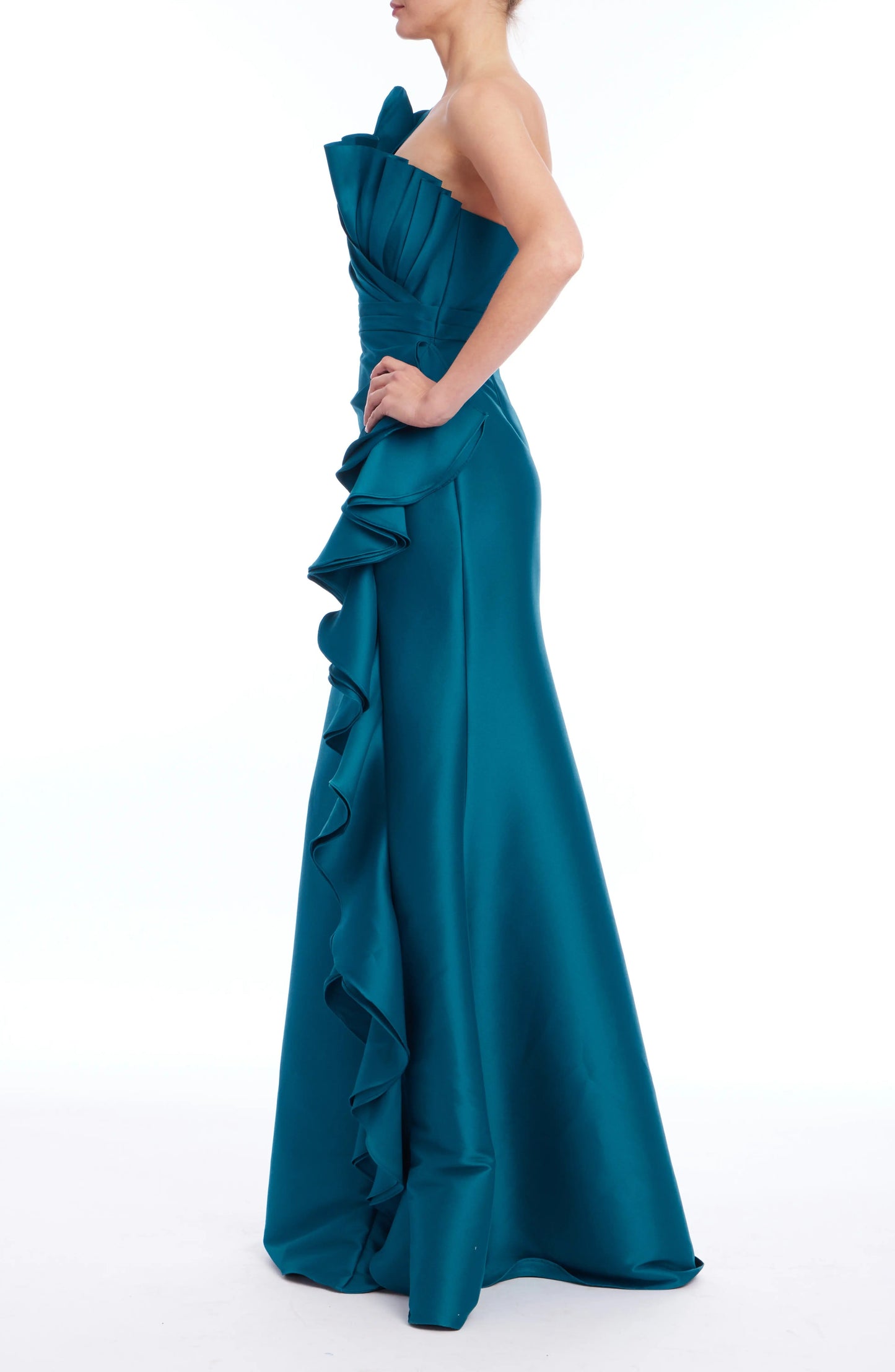 Peacock One-Shoulder Floor-Length Satin Formal Gown with Cascading Ruffles Badgley Mishka EG4554