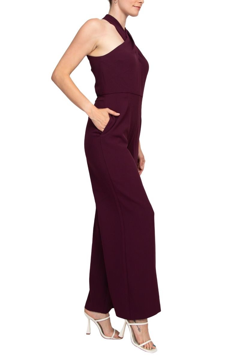 Julia Jordan Stretch Criss Cross Halter Neckline Sleeveless Crepe Jumpsuit With Pockets - Wholesale - Cabernet - Side