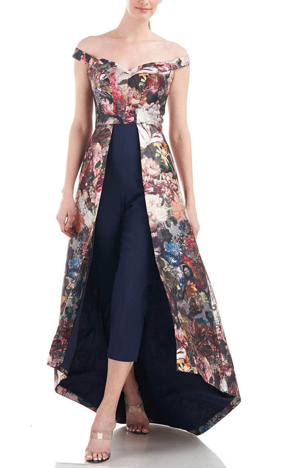 Desert Rose Multi Off-Shoulder High-Low Mikado Floral Walk-Thru Jumpsuit Kay Unger 5548140