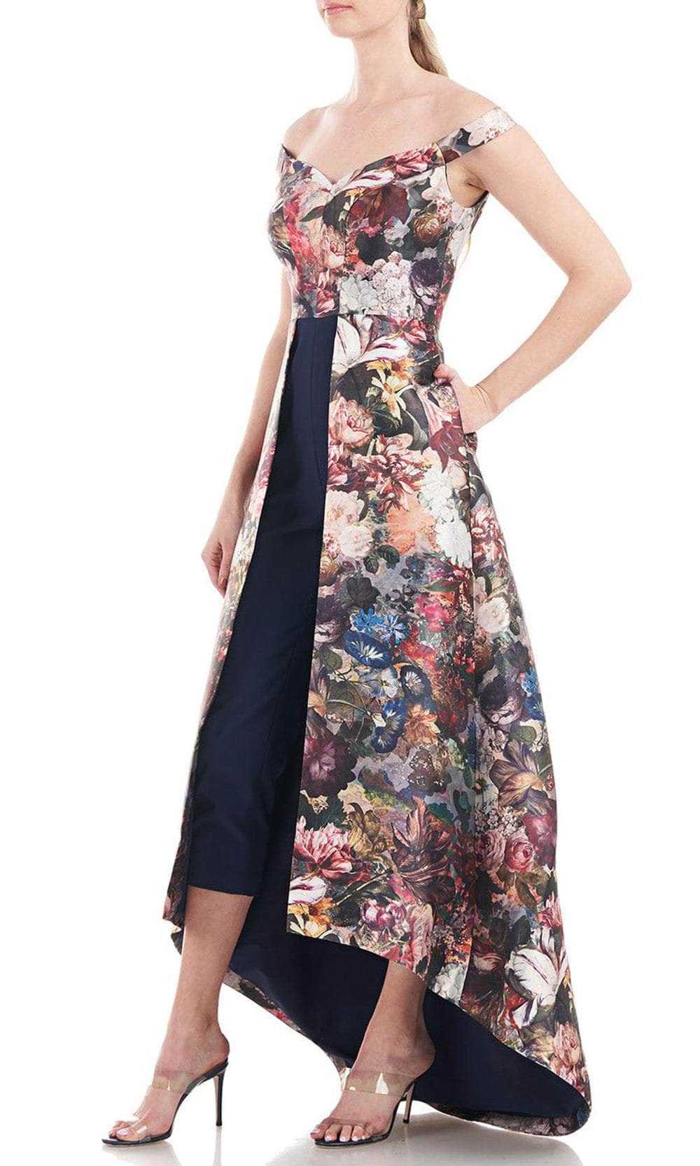 Desert Rose Multi Off-Shoulder High-Low Mikado Floral Walk-Thru Jumpsuit Kay Unger 5548140