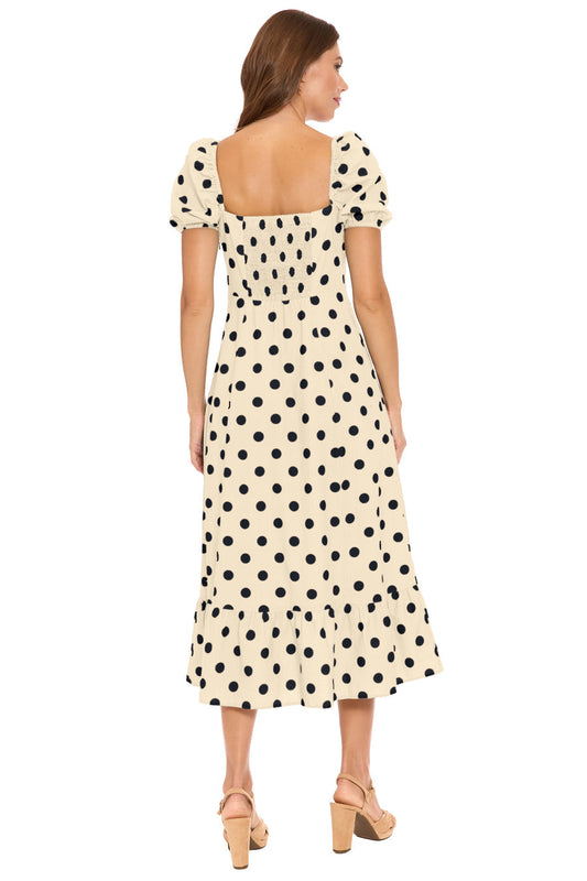 London Times T10264M Polka Dot Puff Sleeve Midi Dress