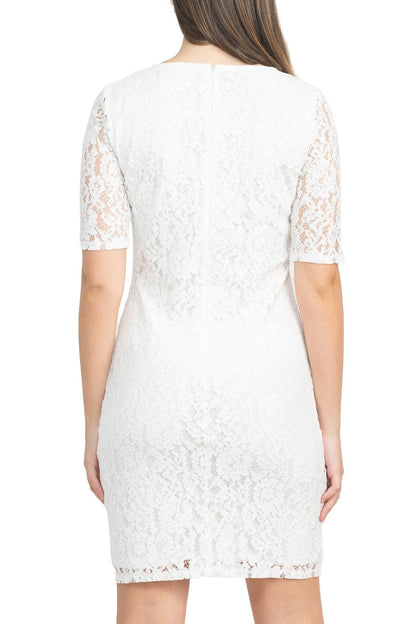 Nina Leonard Crew Neck Short Sleeve Bodycon Zipper Back Floral Lace Dress