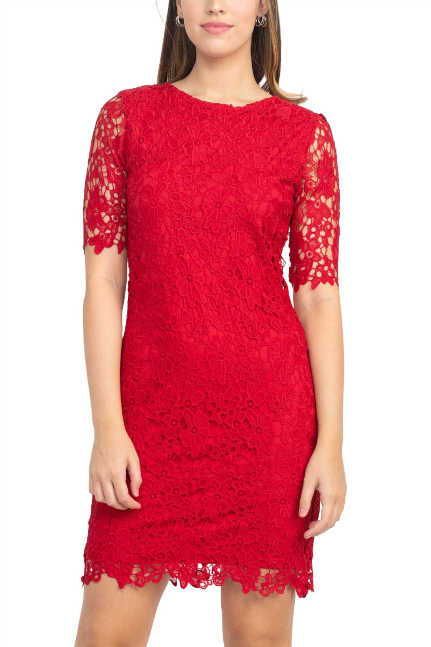 Nina Leonard Crew Neck Short Sleeve Bodycon Zipper Back Floral Lace Dress