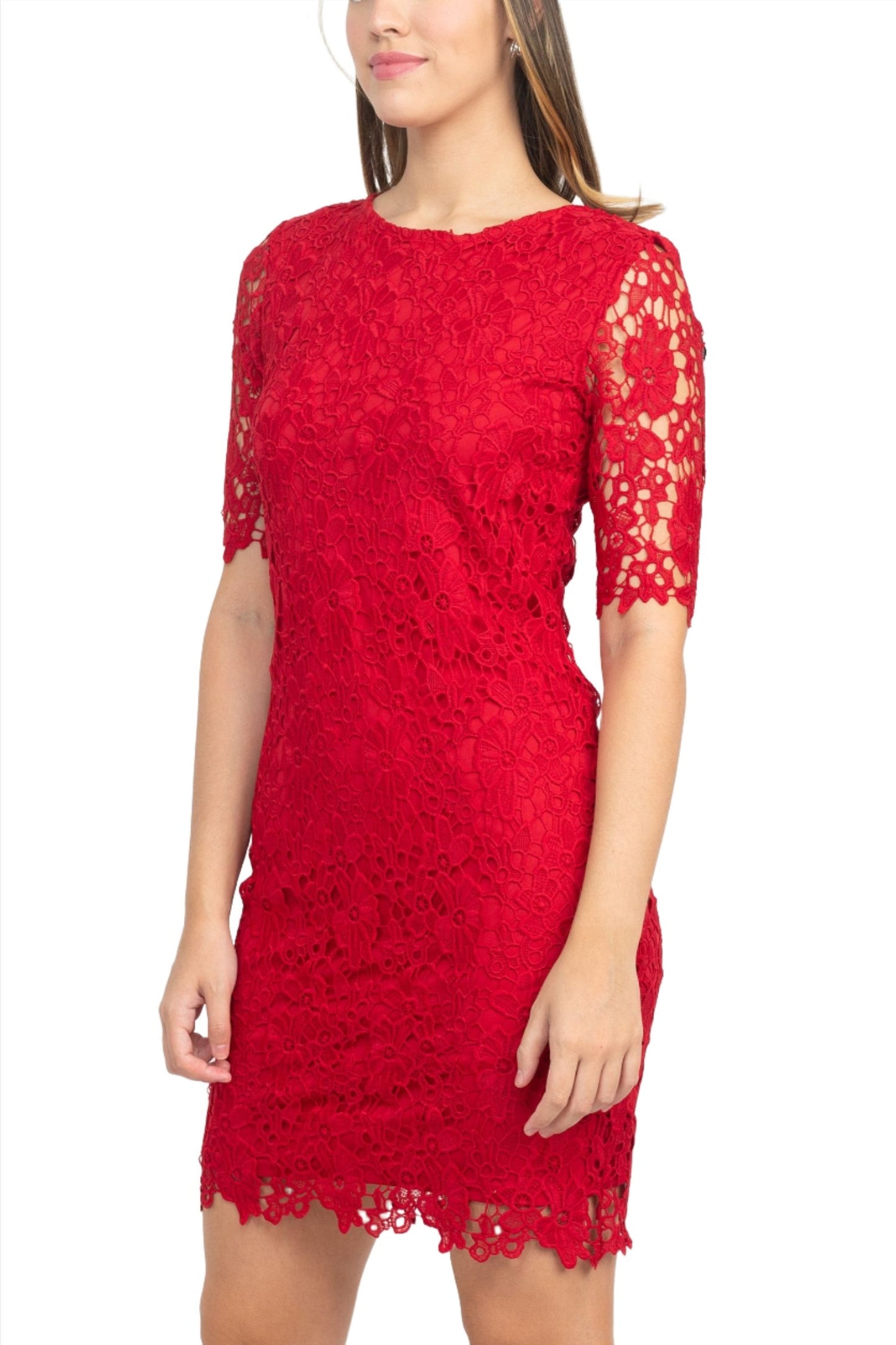 Nina Leonard Crew Neck Short Sleeve Bodycon Zipper Back Floral Lace Dress