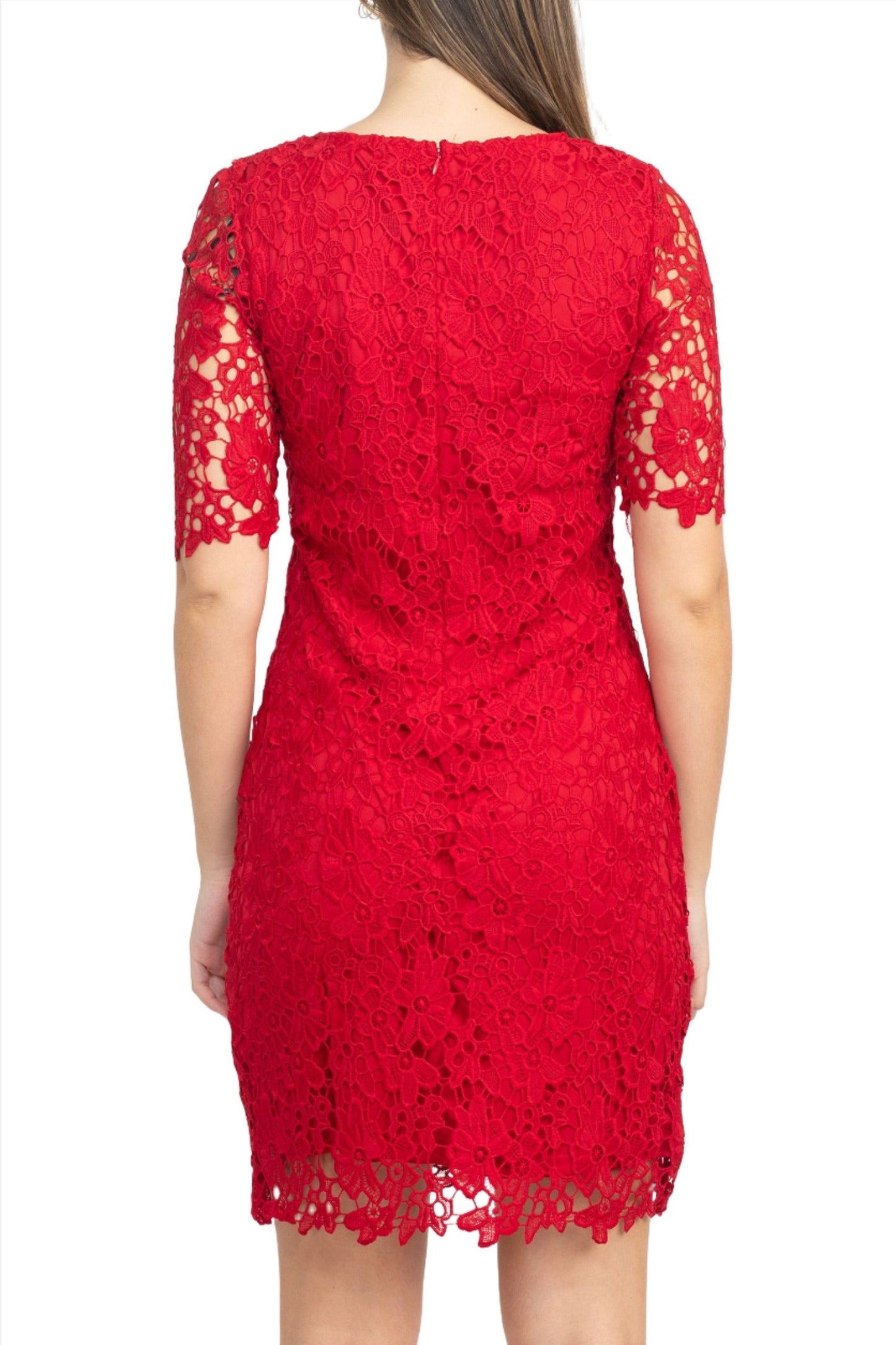 Nina Leonard Crew Neck Short Sleeve Bodycon Zipper Back Floral Lace Dress