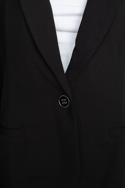 Nina Leonard Collar Neck One Button Long Sleeve Crepe Blazer - BLACK - FABRIC VIEW 