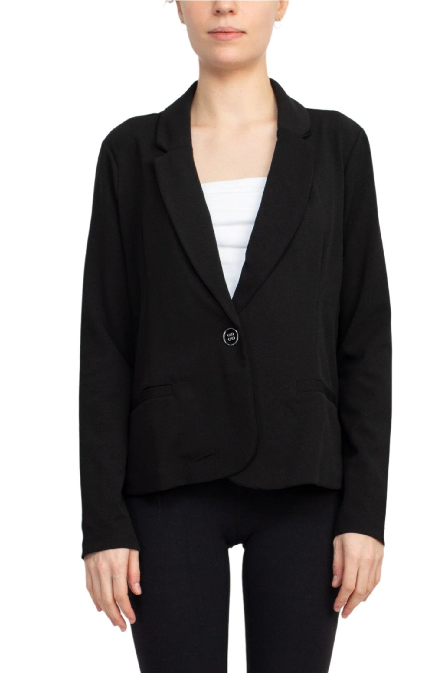 Nina Leonard Collar Neck One Button Long Sleeve Crepe Blazer - BLACK - FRONT VIEW 