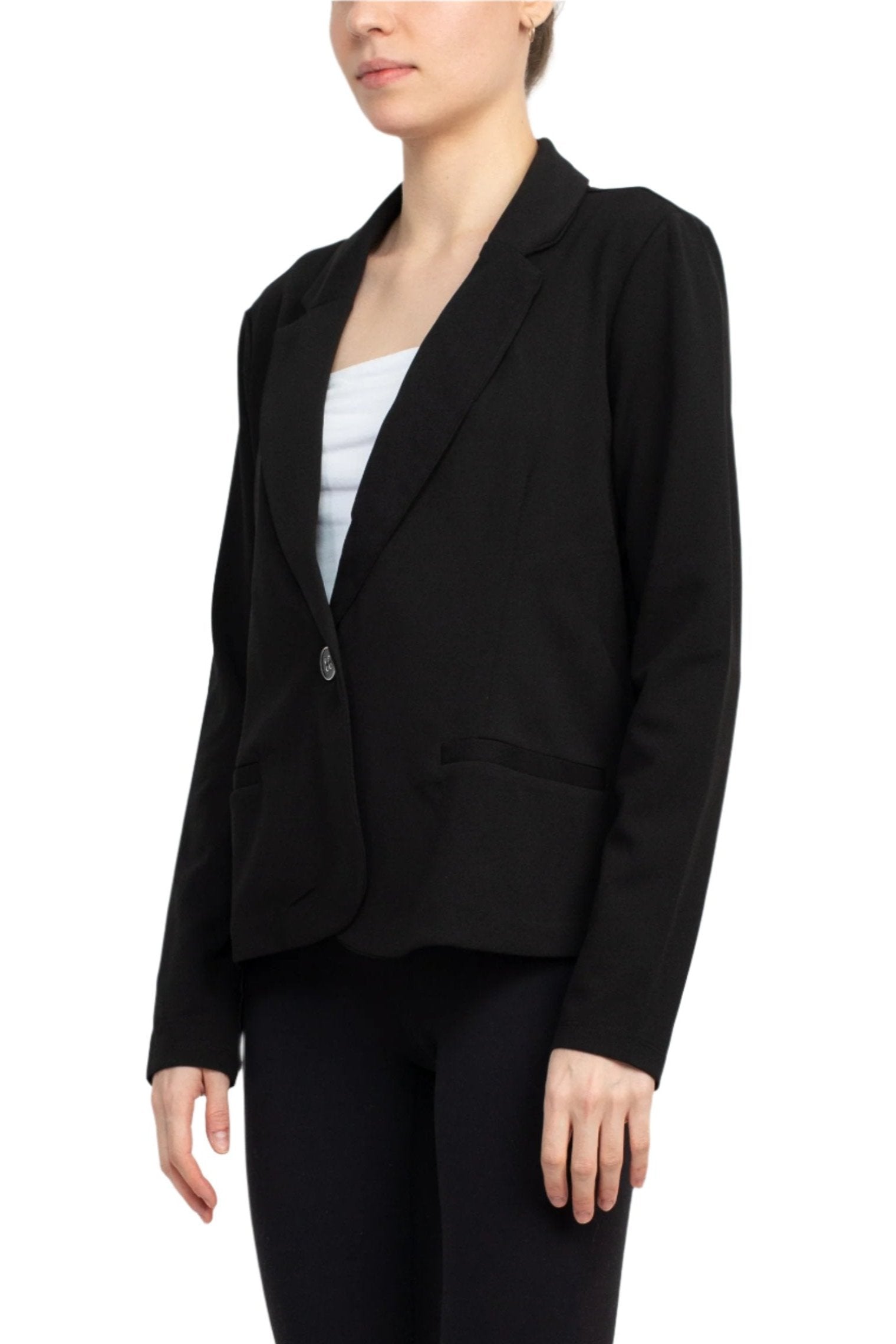 Nina Leonard Collar Neck One Button Long Sleeve Crepe Blazer - BLACK - FRONT 