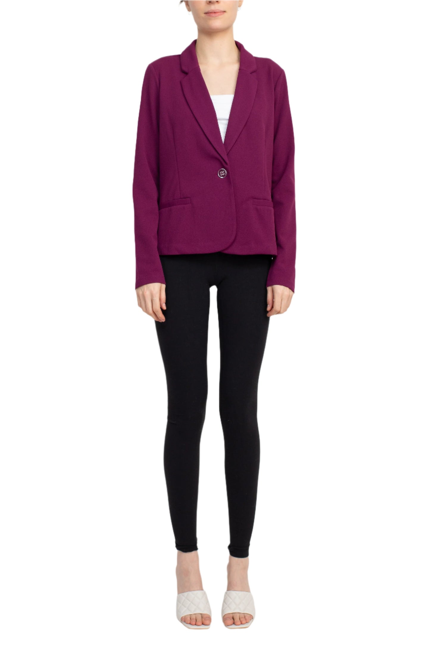 Nina Leonard Collar Neck One Button Long Sleeve Crepe Blazer - CRISP BERRY - FRONT FULL VIEW 