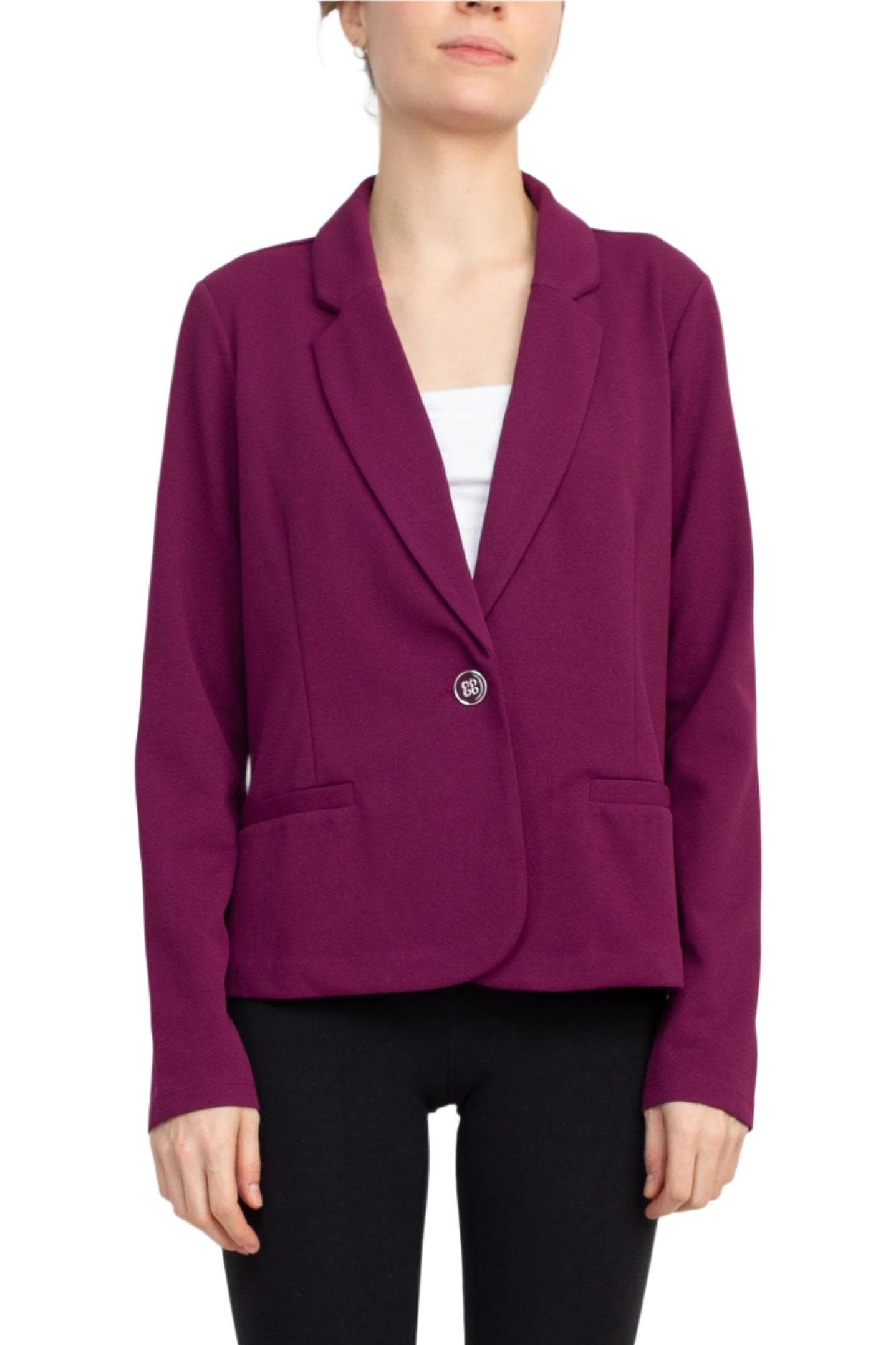 Nina Leonard Collar Neck One Button Long Sleeve Crepe Blazer - CRISP BERRY - FRONT VIEW 