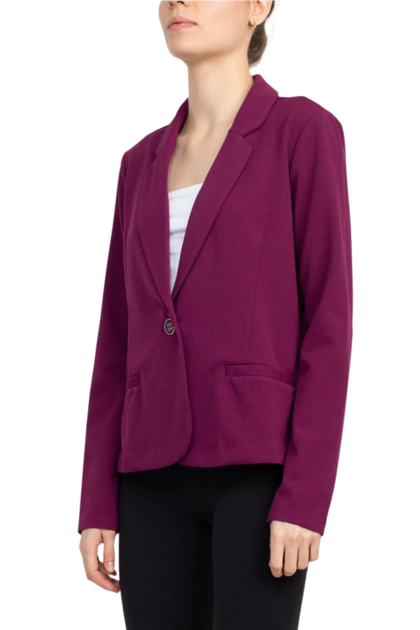 Nina Leonard Collar Neck One Button Long Sleeve Crepe Blazer - CRISP BERRY - FRONT VIEW 