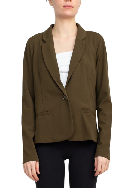 Nina Leonard Collar Neck One Button Long Sleeve Crepe Blazer - DARK OLIVE - FRONT 