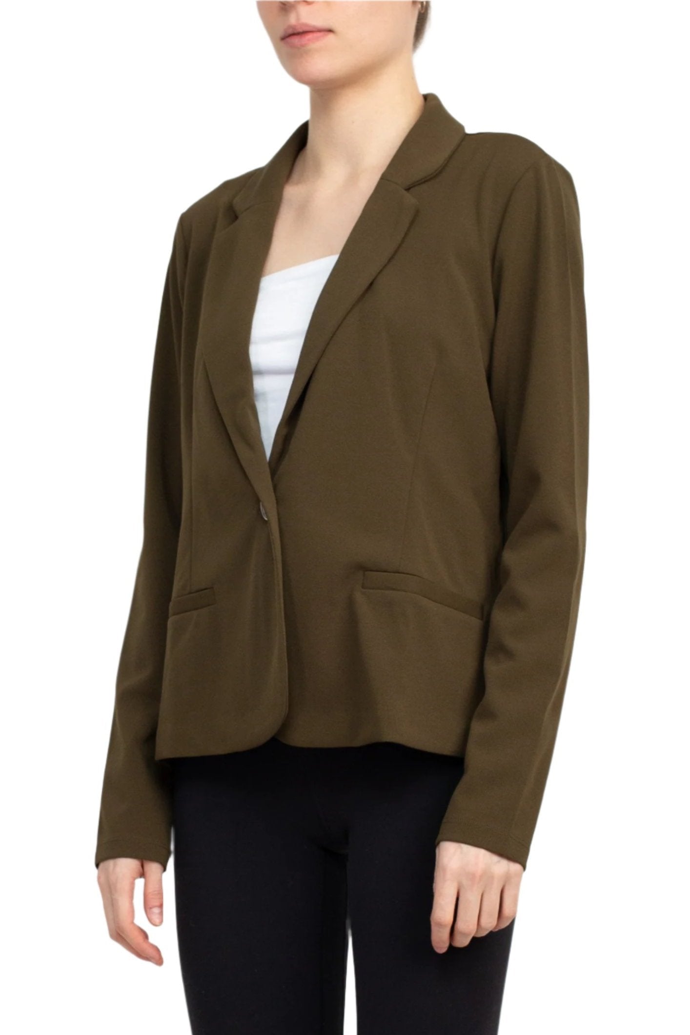 Nina Leonard Collar Neck One Button Long Sleeve Crepe Blazer - DARK OLIVE - Side