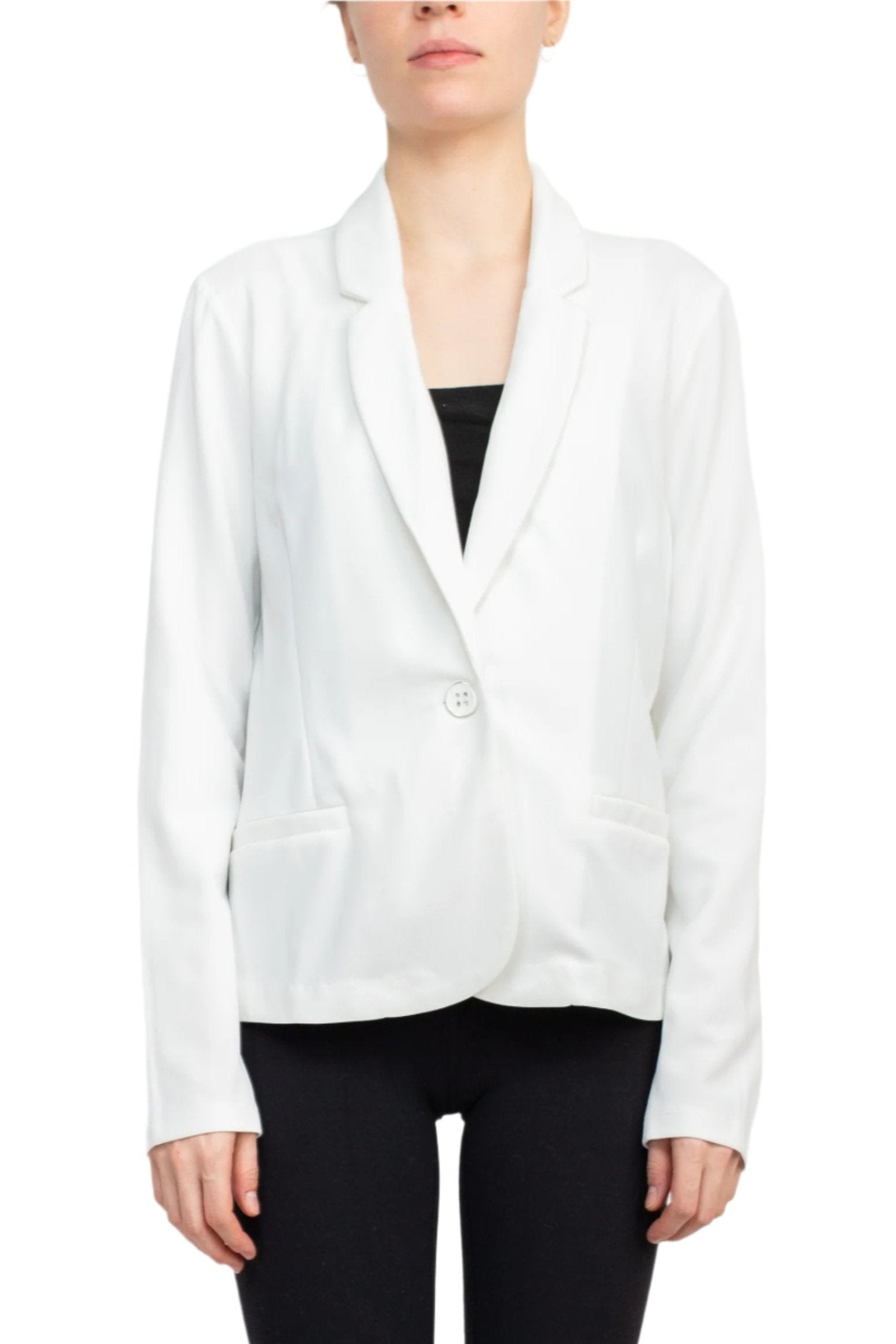 Nina Leonard Collar Neck One Button Long Sleeve Crepe Blazer - IVORY - FRONT VIEW 