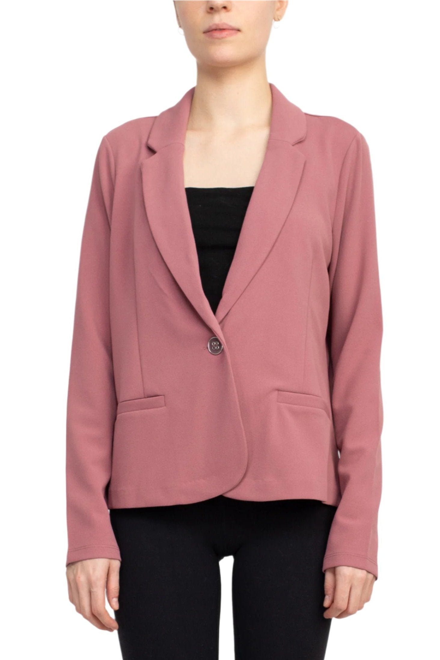 Nina Leonard Collar Neck One Button Long Sleeve Crepe Blazer - MAUVE MIST - FRONT 