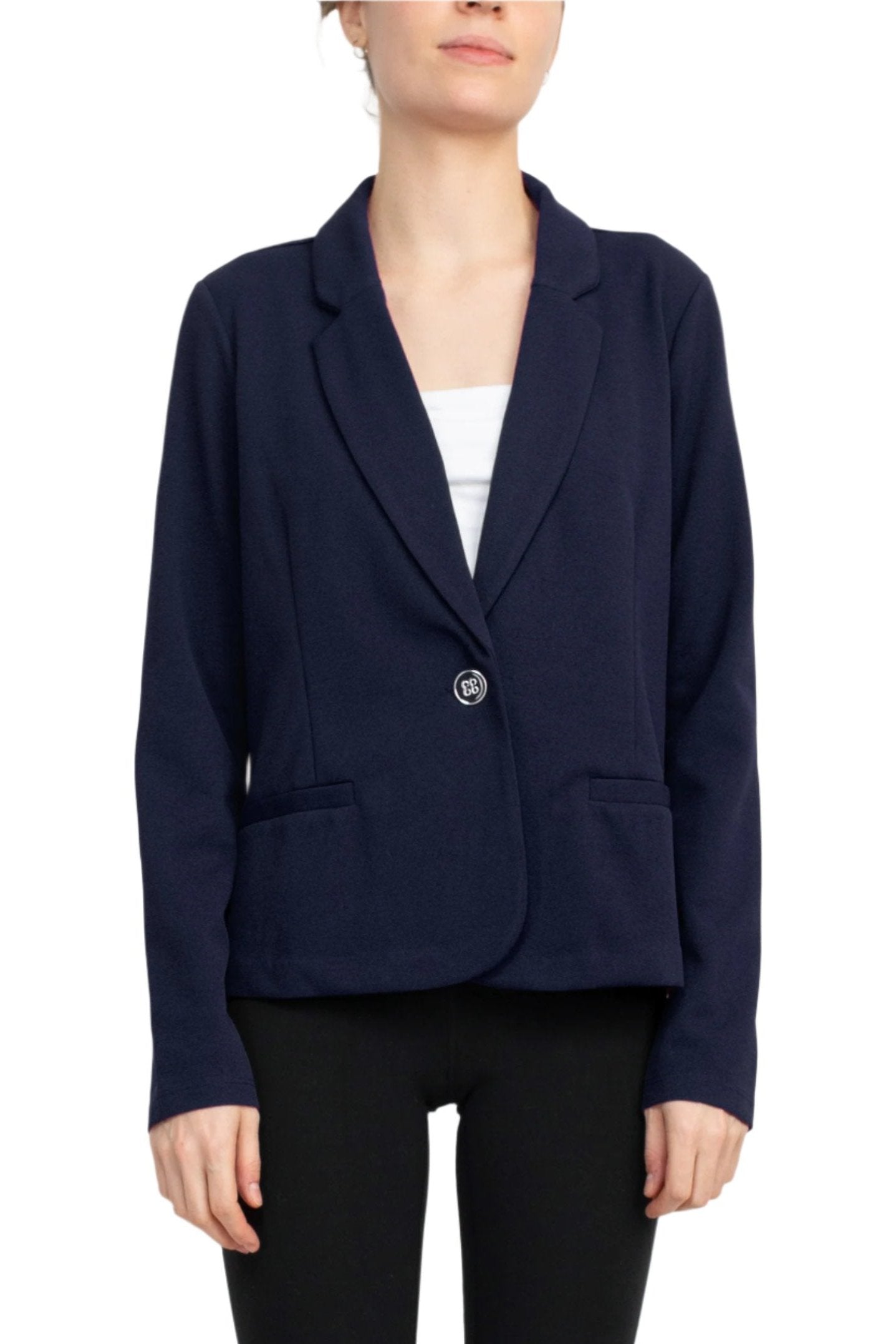 Nina Leonard Collar Neck One Button Long Sleeve Crepe Blazer - NAVY - FRONT 